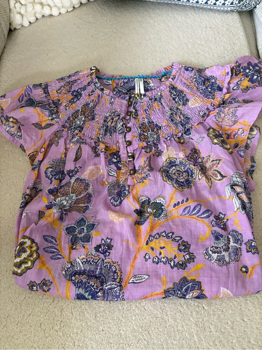 Anthropologie Lavender Floral Smocked Blouse with Yellow Accents